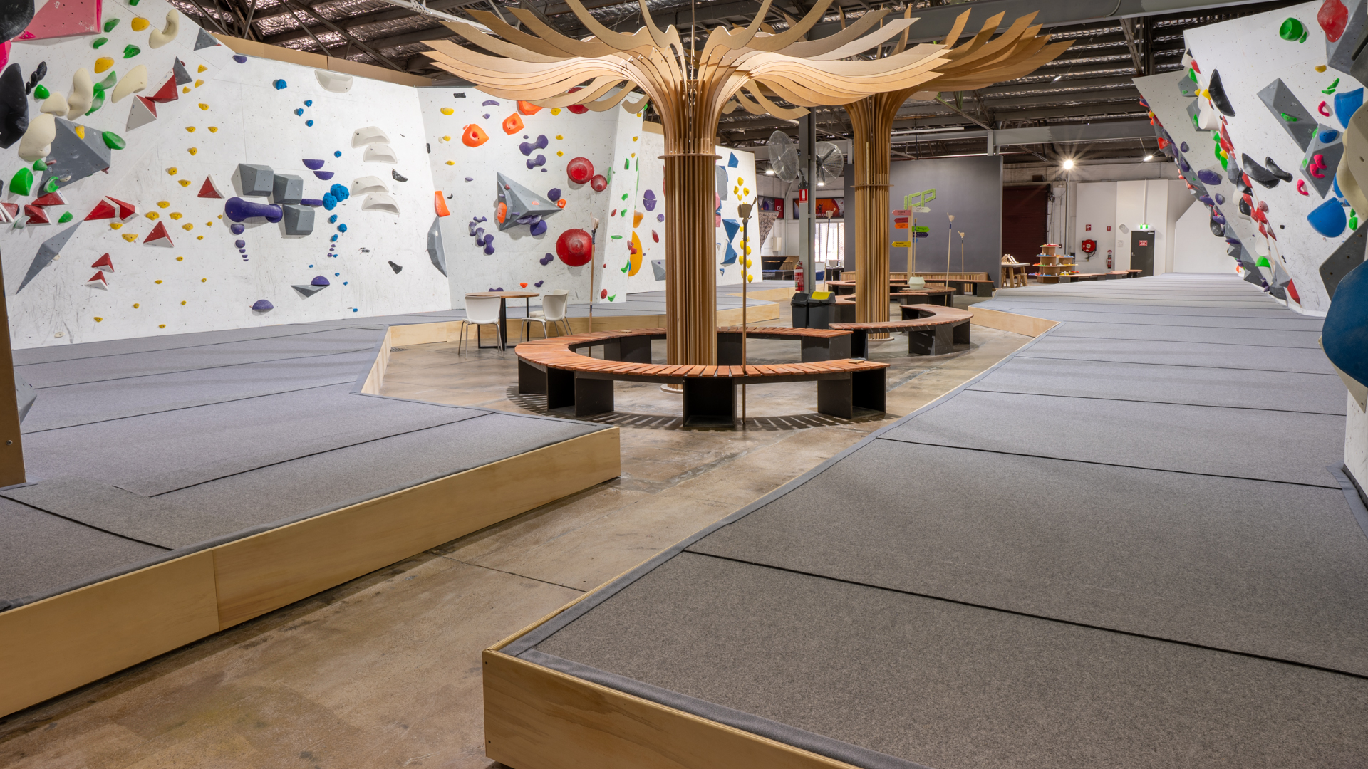 ICP boulder hall & showroom with climbing walls and lots of colourful holds